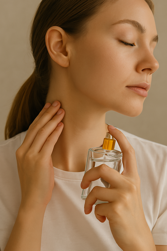 femme met sur son cou de leau de cologne