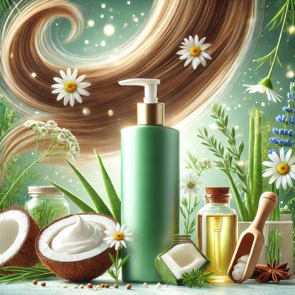 shampoing avec des cheveux et des fleurs