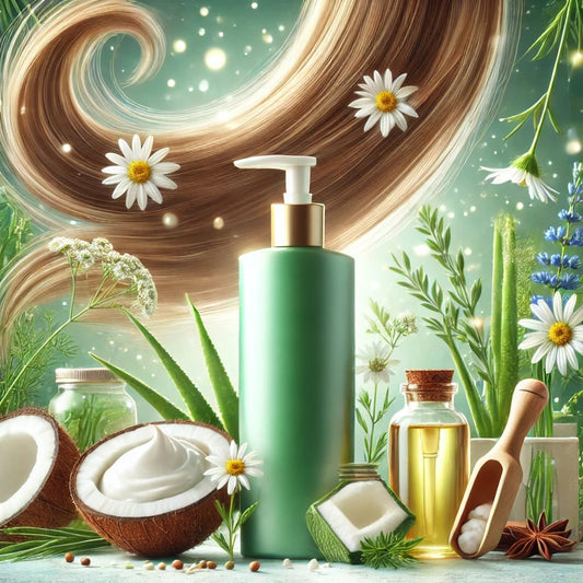 shampoing avec des cheveux et des fleurs